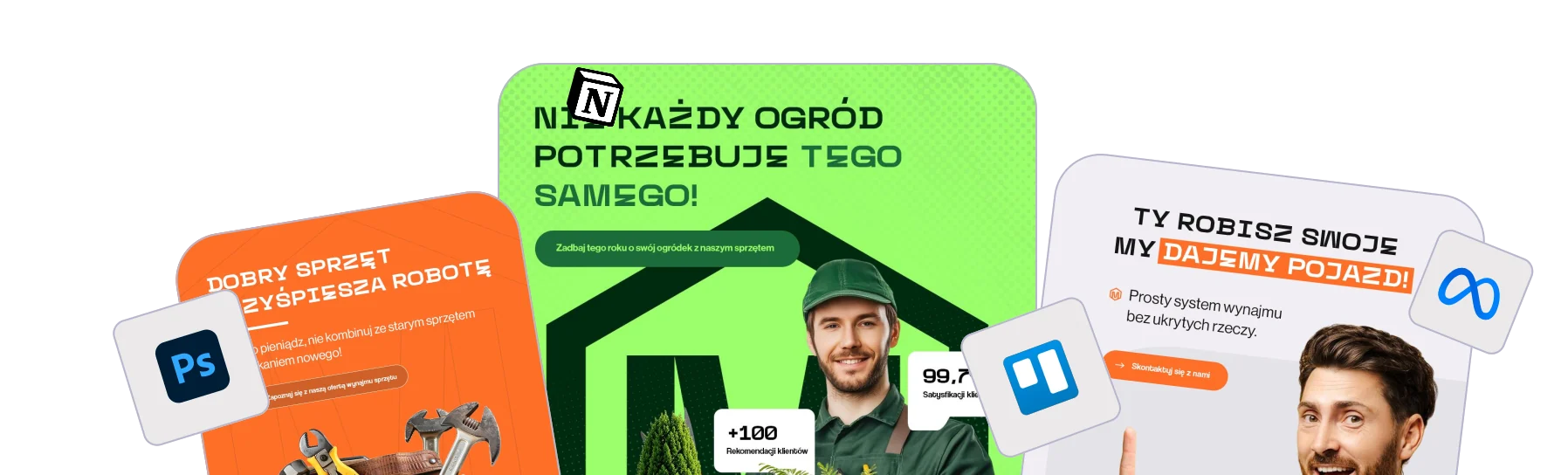 Przykładowe posty i logotypy Photoshopa, Notion, Trello i Mety